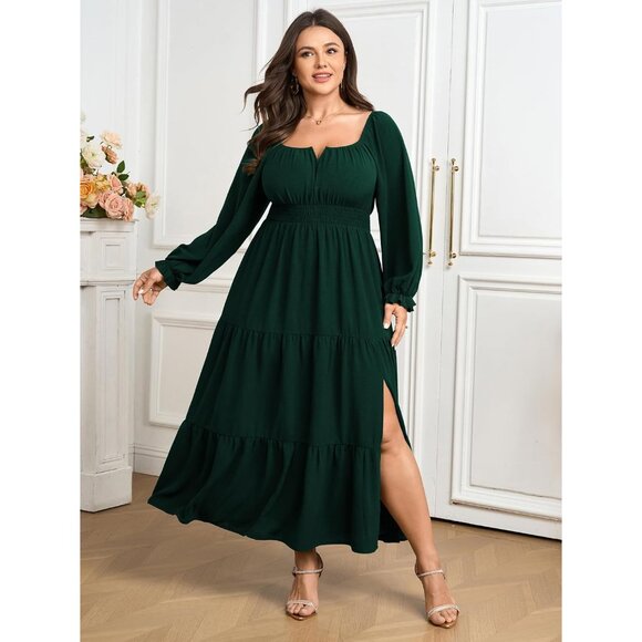 Plus Size Formal Dress Women Long Sleeve Tiered Maxi with Side Split - Picture 2 of 7